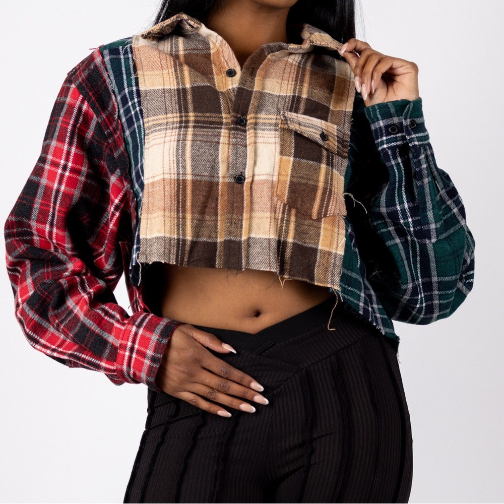 Flannel patchwork crop long sleeve button up top